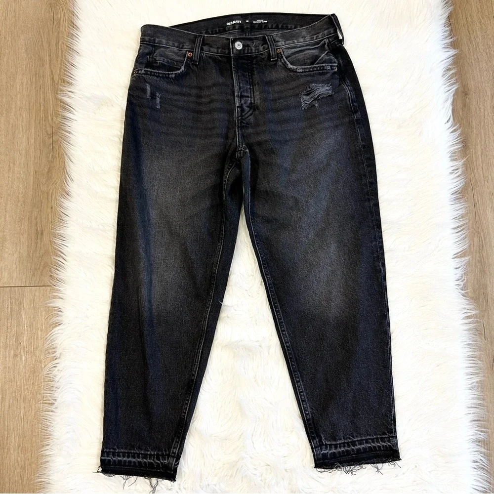 Old Navy High-Rise Slouchy Taper‎ Jeans Womens 10 Washed Black Distressed Denim